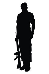 Standing soldier with rifle gun silhouette vector, military man concept.