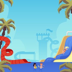 Children in water park - cartoon poster of kids playing in amusement park