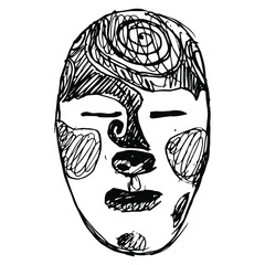 Ancient Siberian funeral mask. Female face with closed eyes.  Hand drawn doodle rough sketch. Black and white silhouette.