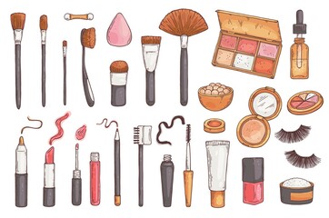 Set of beauty tools and makeup cosmetics flat vector illustration isolated.