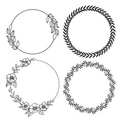 Hand-drawn Floral wreath set on white background-Vector Illustration