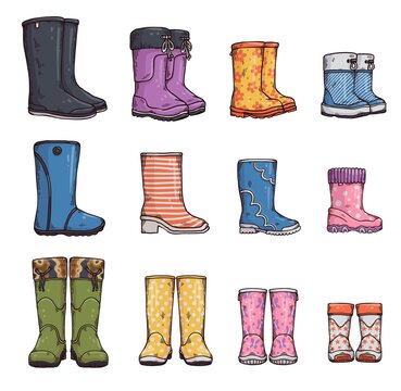 Set Of Gumboots Or Garden Wellies Sketch Cartoon Vector Illustration Isolated.