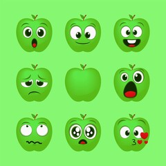 Set of fresh green apples character. Cute apple expression. Illustration vector