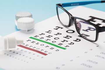Glasses with Contact Lenses, drops and an Optometrist's Eye Test Chart On a Blue Background.