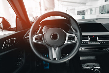 Steering wheel of a new luxury car