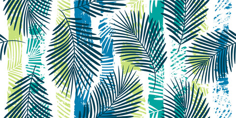 Tropical pattern, palm leaves seamless vector floral background. Exotic plant on blue stripes print illustration. Summer nature jungle print. Leaves of palm tree on paint lines. ink brush strokes