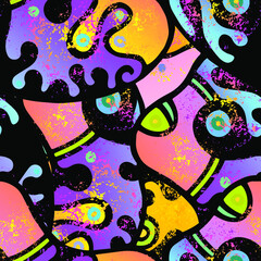 Obraz premium Hippy Print. Modern Seamless Pattern. Color, Multicolor Summer Hand Drawn. Linear Collage. Bizarre Street Art. Creative Trendy Style. Abstract, Contrast Shape. Doodle Crazy Vector Background.