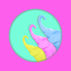 Contemporary collage. Yellow pink and blue elephant on a turquoise background. Concept art, family, love.