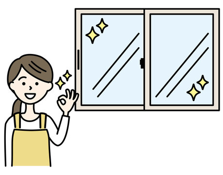 recommend clip art: きれいな窓とOKサインをしているエプロンの女性