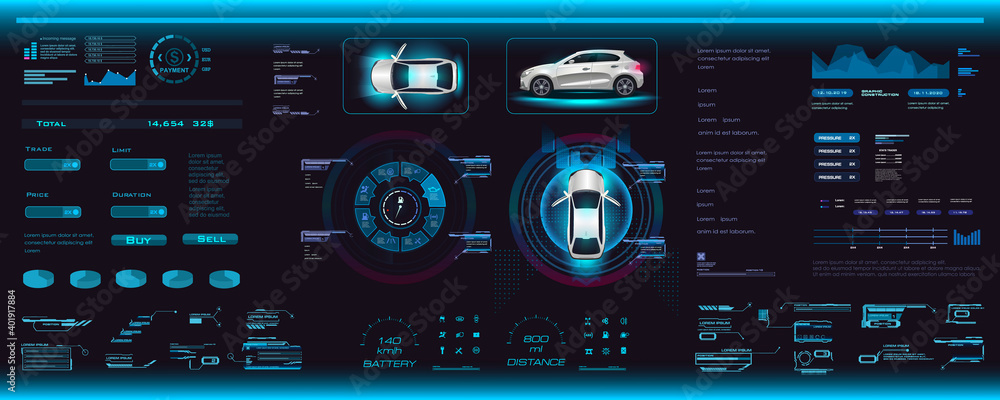 Poster car interface with parameters, options and settings in hud, gui, ui style. hud style car interface. 