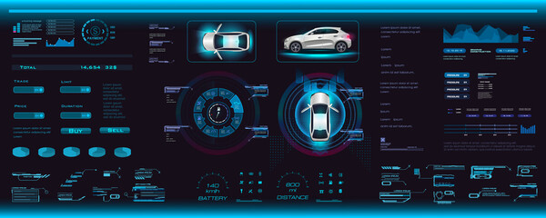 Car interface with parameters, options and settings in HUD, GUI, UI style. HUD style car interface. Digital smart dashboard with car and control settings. Smart car