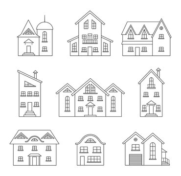 Set of outline houses isolated on white background. Residential buildings and cottages linear icons. Vector template for creating a panorama of a city or street. different homes.