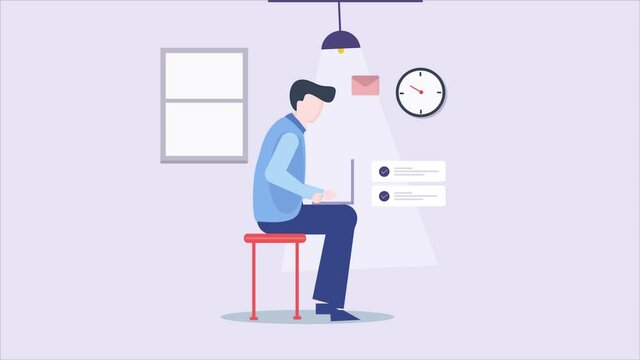 Businessman or employee working with laptop and writing email message at office.  Email marketing animation.