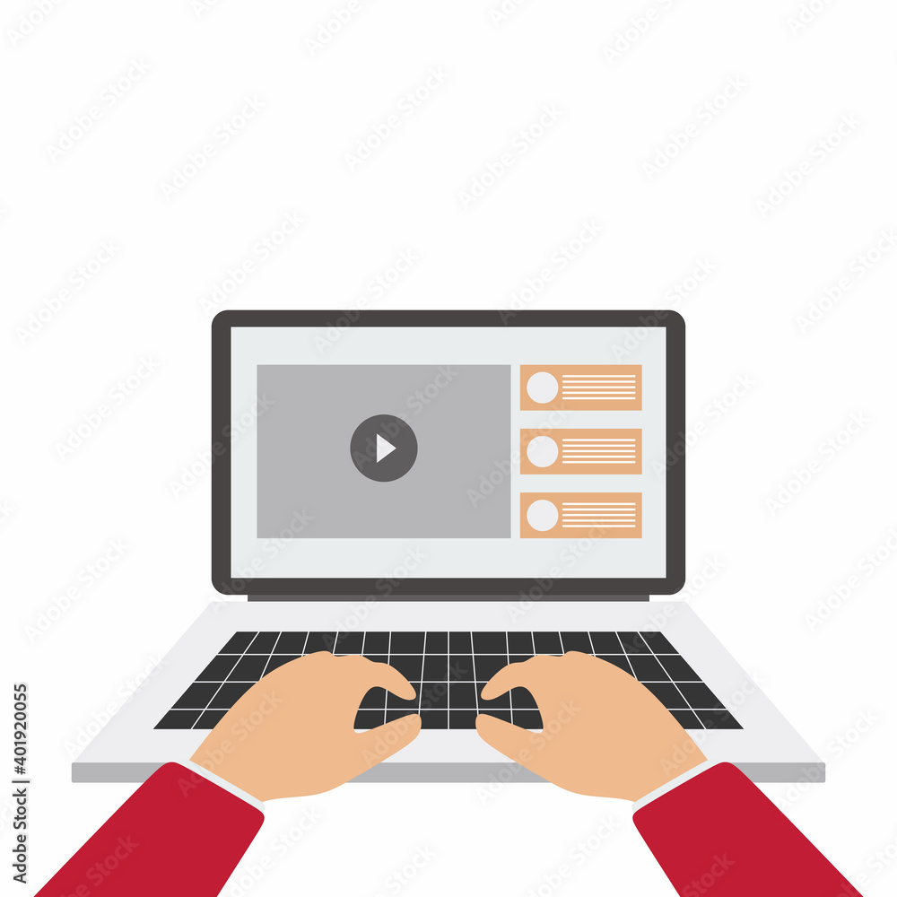 Poster laptop and hands on the keyboard. the concept of youtuber or programmer workflow for website coding 