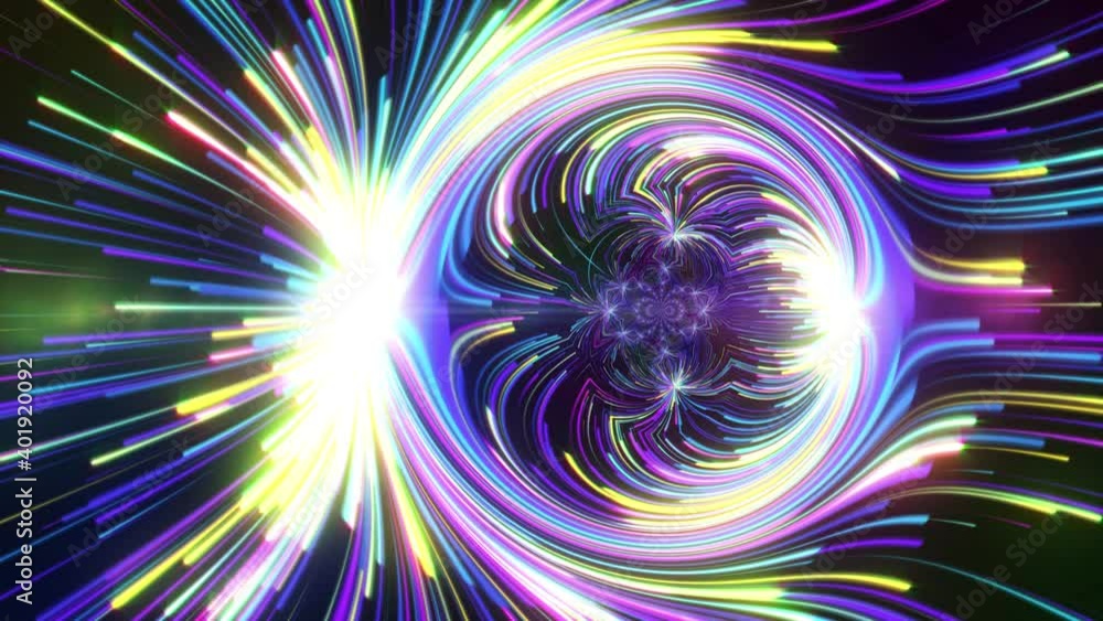 Poster abstract bright colorful magical portal of light space beams ring background seamless loop animation
