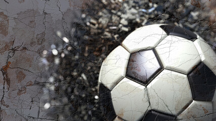 Cracked Wall painted Soccer ball with particles under black-white background. 3D high quality rendering.