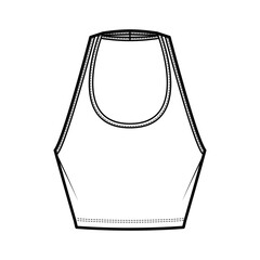 Tank halter scoop neck Crop top technical fashion illustration with slim fit, waist length. Flat apparel outwear template front, white color. Women men unisex CAD mockup