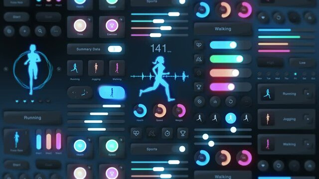 Hi tech panel of fitness application on dark background. Running and sports concept. UI, UX, GUI mobile screens modern infographic. Loop animation.