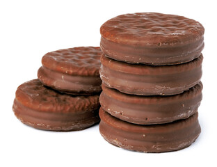 Chocolate cookies in glaze isolated on white background