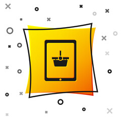 Black Shopping basket on screen tablet icon isolated on white background. Concept e-commerce, e-business, online business marketing. Yellow square button. Vector Illustration.