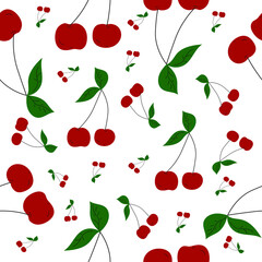 Ripe red cherries with grean leaves on branch in seamless pattern on white. Simple and flat hand drawn design. Suits for wrapping, packaging, boxing. Great as background, banner or fabric.