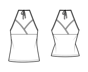 Set of Camisoles halter neck surplice tanks technical fashion illustration with empire seam, bow, slim, oversized fit, tunic length. Flat top template front, white color. Women men CAD mockup