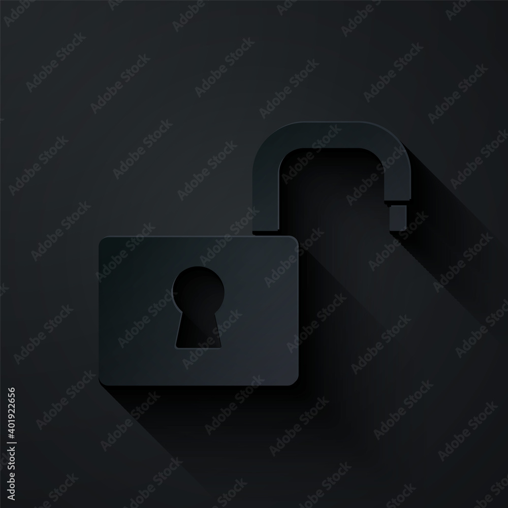 Poster paper cut open padlock icon isolated on black background. opened lock sign. cyber security concept. 