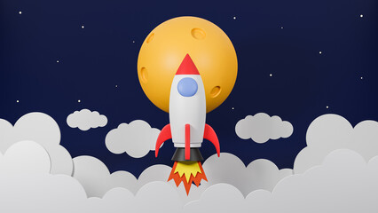 Rocket flying over cloud go to the moon on  galaxy background.Business startup concept.3d model and illustration.