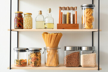 Jars with products on kitchen shelves