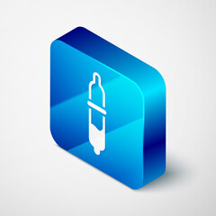 Isometric Pipette icon isolated on grey background. Element of medical, chemistry lab equipment. Pipette with drop. Medicine symbol. Blue square button. Vector.