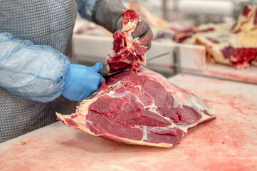 The worker cuts the meat with a knife.