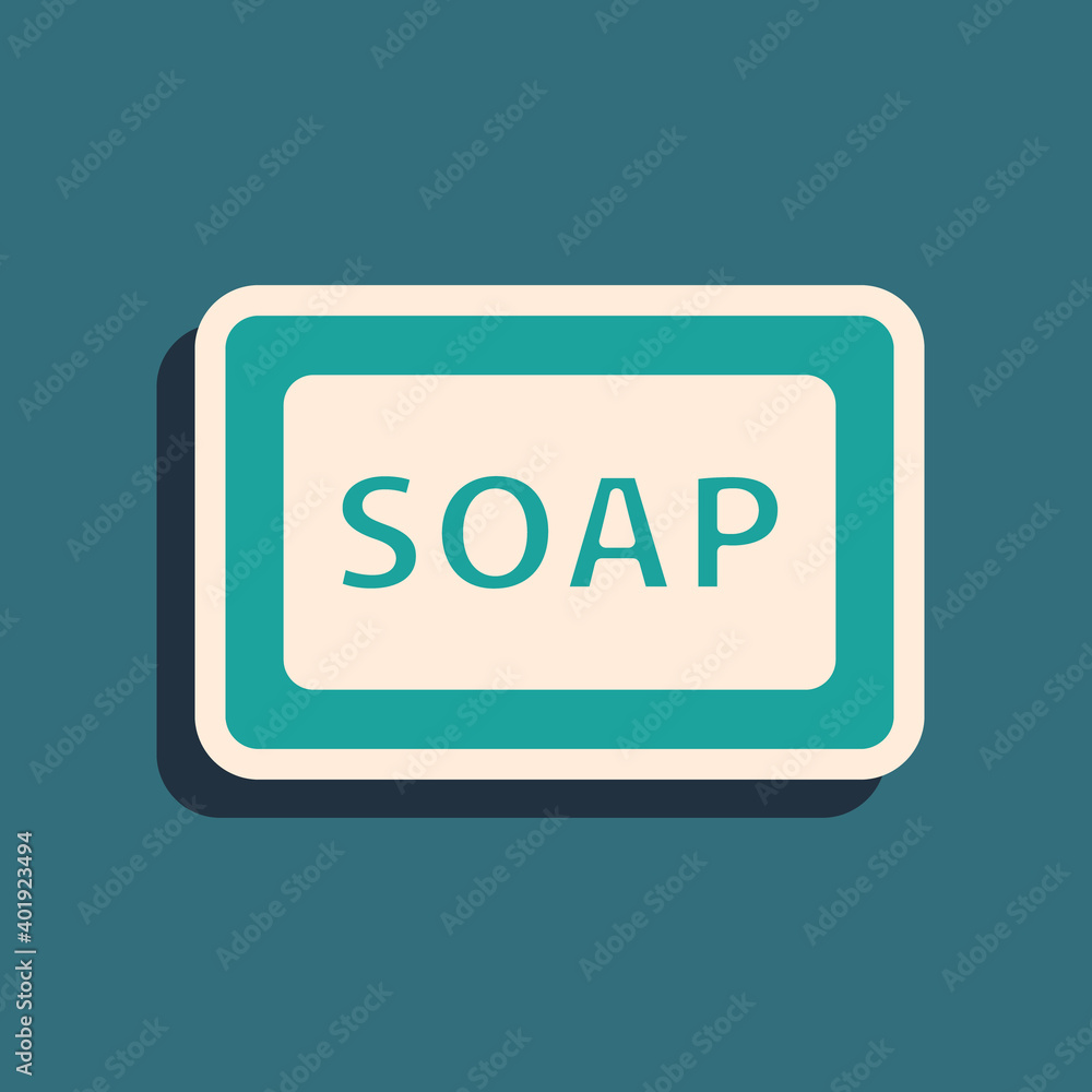 Poster green bar of soap icon isolated on green background. soap bar with bubbles. long shadow style. vecto