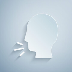 Paper cut Man coughing icon isolated on grey background. Viral infection, influenza, flu, cold symptom. Tuberculosis, mumps, whooping cough. Paper art style. Vector...