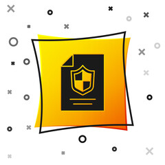 Black Contract with shield icon isolated on white background. Insurance concept. Security, safety, protection, protect concept. Yellow square button. Vector..