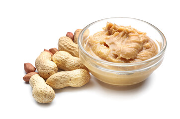 Peanut butter in bowl isolated on white background