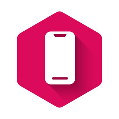 White Smartphone, mobile phone icon isolated with long shadow. Pink hexagon button. Vector.
