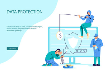 Landing webpage template of cyber attack and phishing scam. Digital thiefs steals money or password, private personal data, credentials from an electronic account. Flat Art Vector Illustration