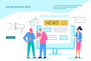 Landing webpage template of Online Breaking News in Modern electronic devices. Business people reading concept isolated on purple. Flat line Art Vector Illustration