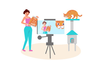 Cat owner woman taking a broadcast for social media network vector illustration. Female vlogger makes a live streaming.