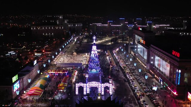 New Year's square of the country, Kharkiv square, Christmas tree on the square. drone video, 4k

