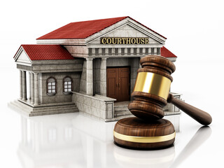 Courthouse and gavel isolated on white background. 3D illustration