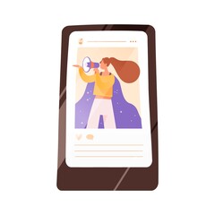 Screen of smartphone with a social network post of woman activist vector flat illustration. Internet advertisement in social media with female influencer isolated. Promotion campaign in blog