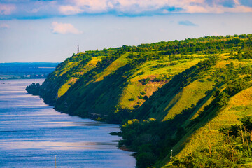 Panoramic view of the river Don and hills, slopes, steppe coast, gully, ravine on a banks