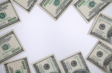 A pile of one hundred US banknotes. Dollar background image.