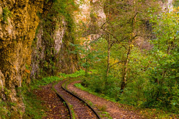 Old narrow gauge railway in mountain region.