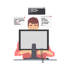 Man Web Developer or Programmer Working In Front of Computer Screen Vector Illustration