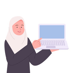 Hijab Woman Pointing to Laptop Flat Illustration