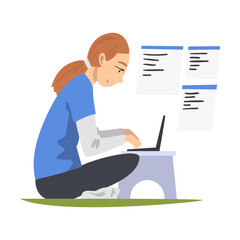 Woman as Software Developer or Programmer Engaged in Coding in Server-side Framework on Laptop Vector Illustration