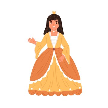 Cute fairytale princess waving hand. Little girl dressed in poufy gown like queen for costumed carnival, kids party, royal ball or theatrical play. Flat vector illustration isolated on white
