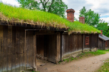 Fototapeta na wymiar old houses with green sod roofs